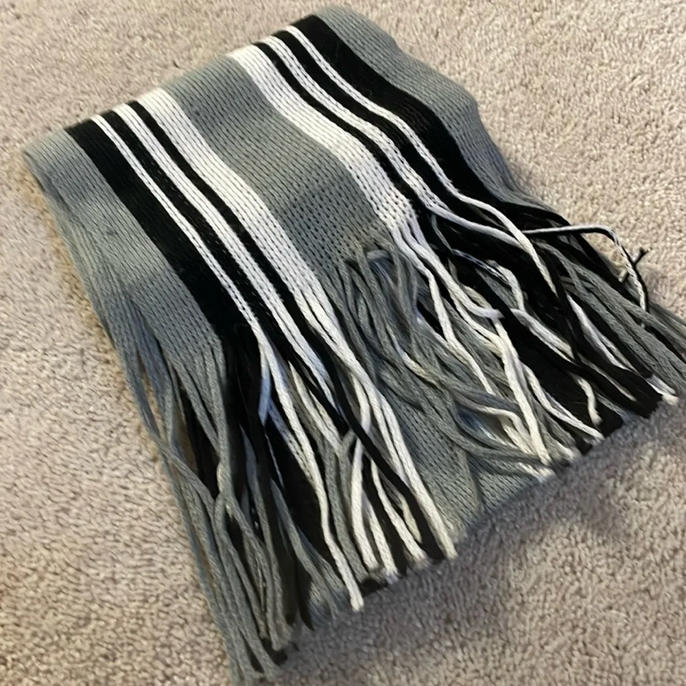 Gray Black and White Scarf with Fringe